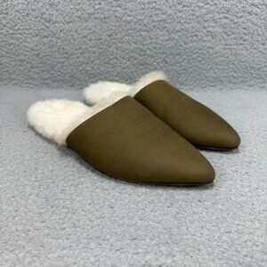 Jenni Kayne Mules Women 5 / EU 35 Shoe Olive Green Suede Shearling Slip On Flats